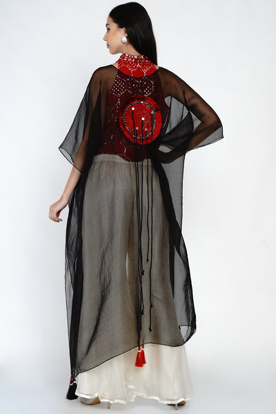 Embellished Organza Cape Set with Hand Embroided Hi-Neck Mirrowork Top