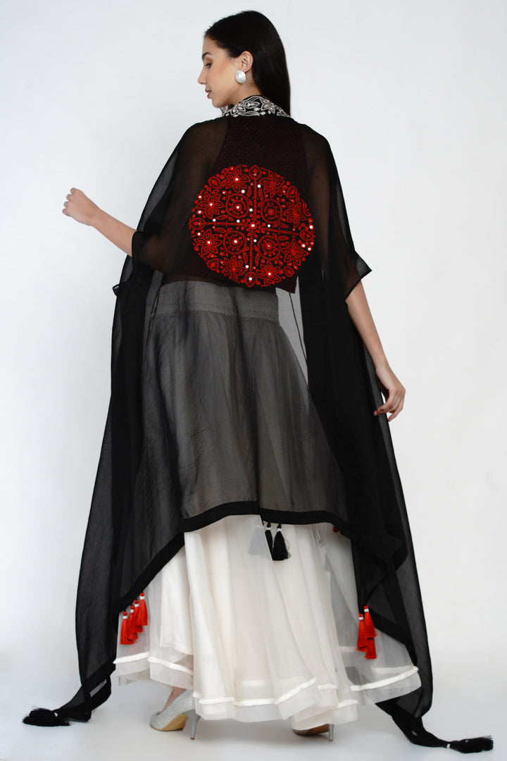 Embellished Organza Cape Set with Hand Embroided Hi-Neck Mirrowork Top