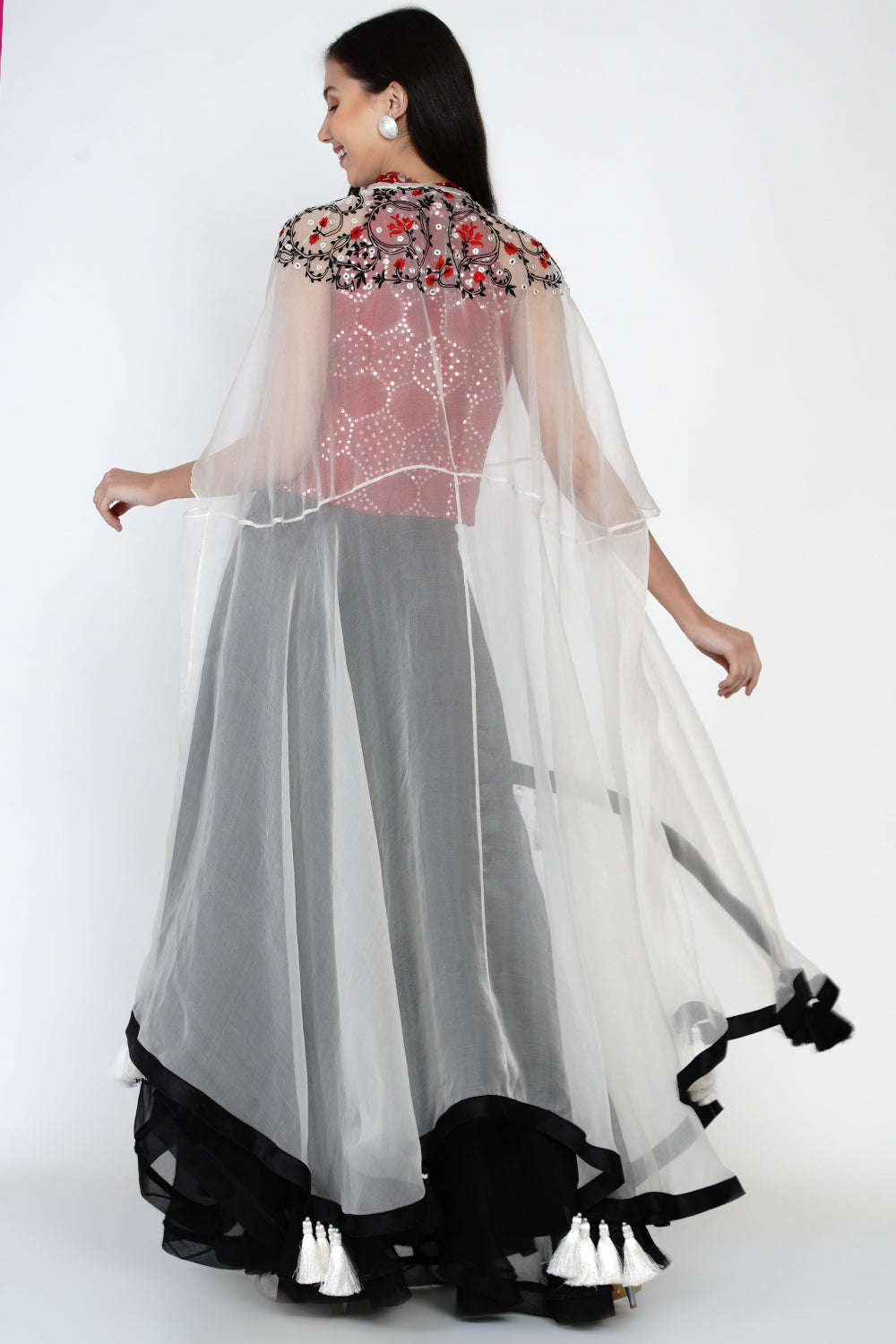 Embellished Asymmetric Organza Cape Set with Hand Embroided Hi-Neck Mirrowork Top