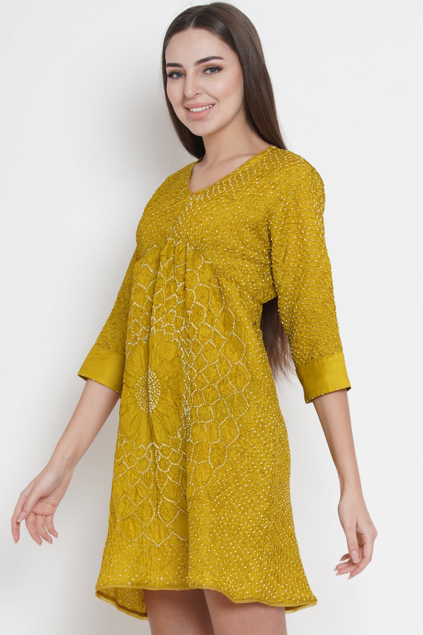 Yellow Crushed Bandhani Asymmetric Kediya Shirt