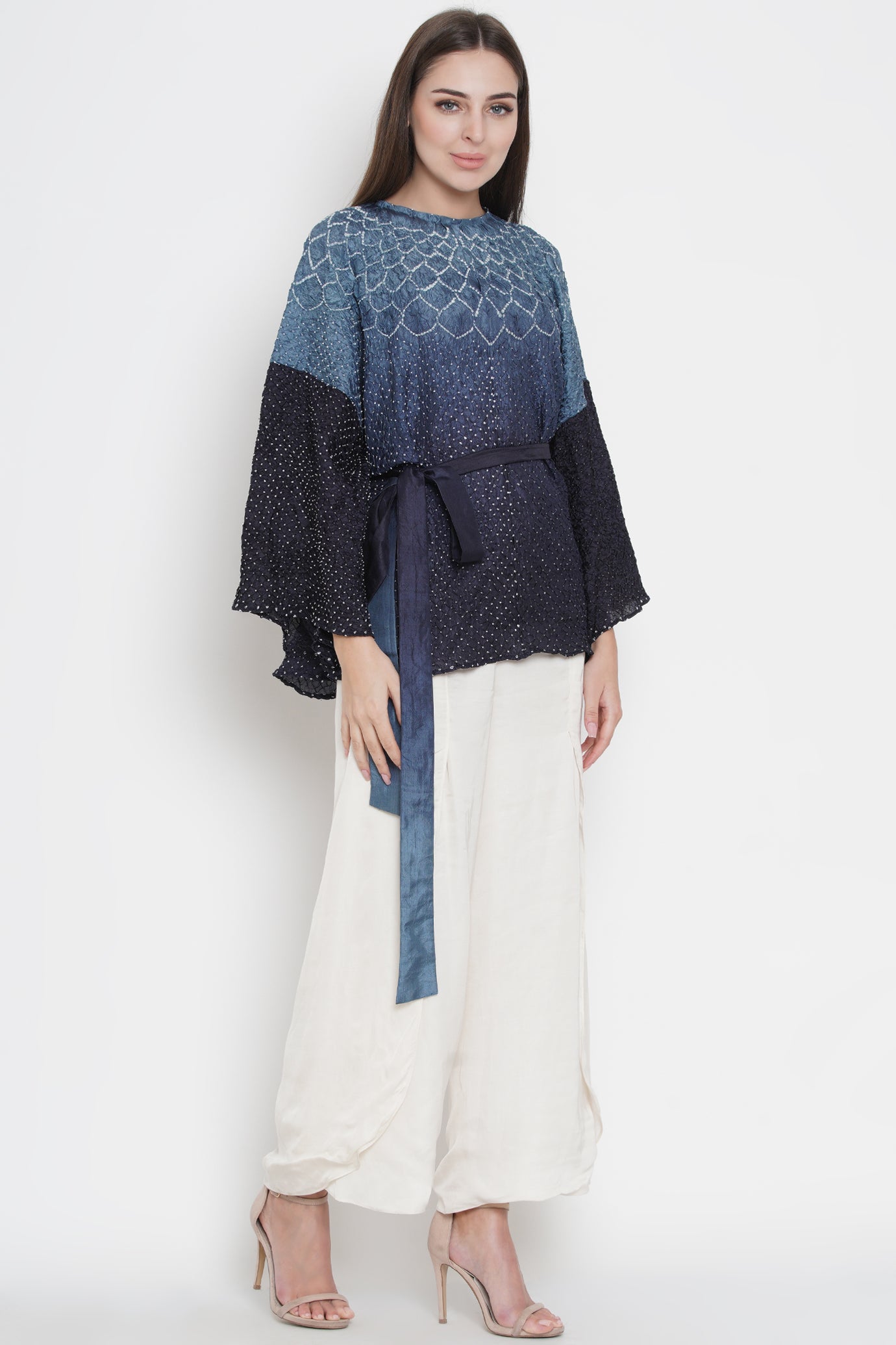 Blue OmbreCrushed Bandhani Flared Sleeve Top