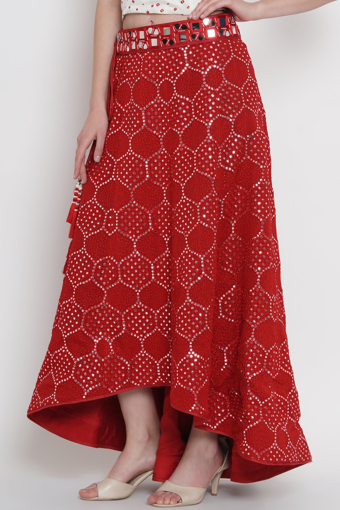 Red Mirrorwork Tulip Lehanga Skirt with Embellished Belt