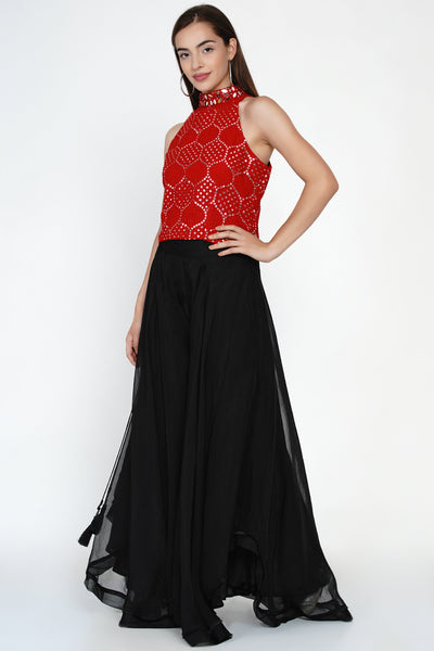 Embellished Asymmetric Organza Cape Set with Hand Embroided Hi-Neck Mirrowork Top