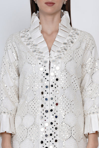 Ivory Mirrorwork Long Overlay Jacket with Monarch Collars