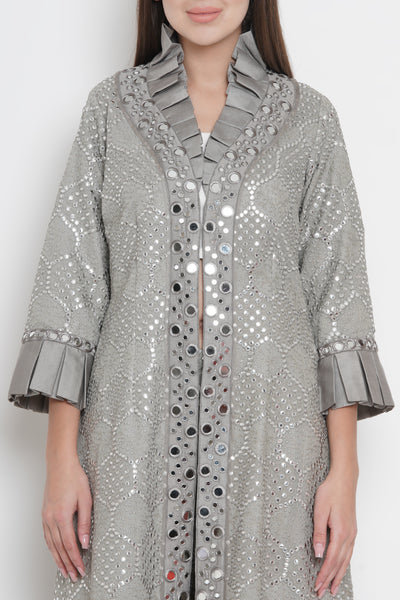 Grey Mirrorwork Long Overlay Jacket with Monarch Collars