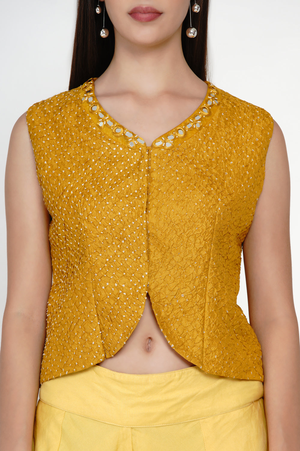 Yellow Crushed Bandhani Mirrowork Jacket Style Top