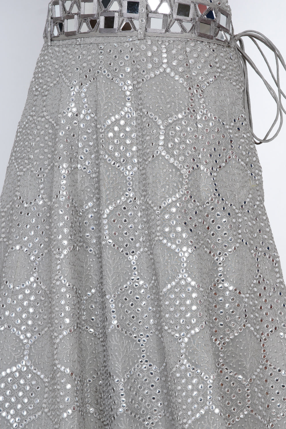 Grey Mirrorwork Lehanga Skirt with Embellished Belt