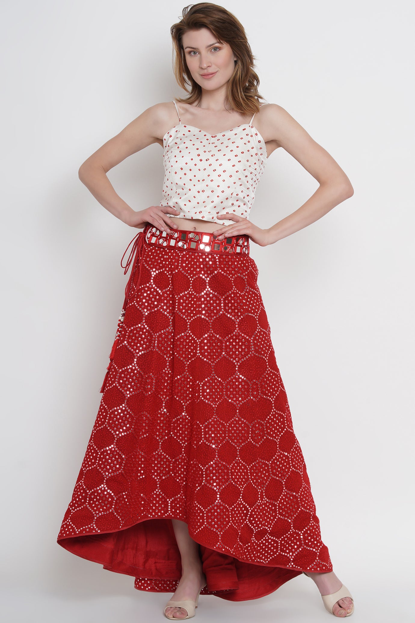Red Mirrorwork Tulip Lehanga Skirt with Embellished Belt