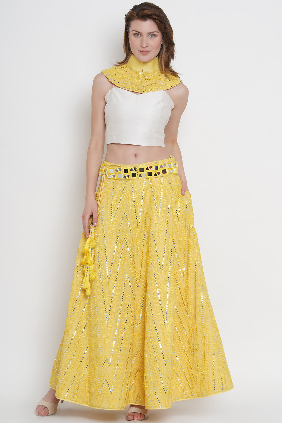 Yellow Mirrorwork Lehanga Skirt with Embellished belt