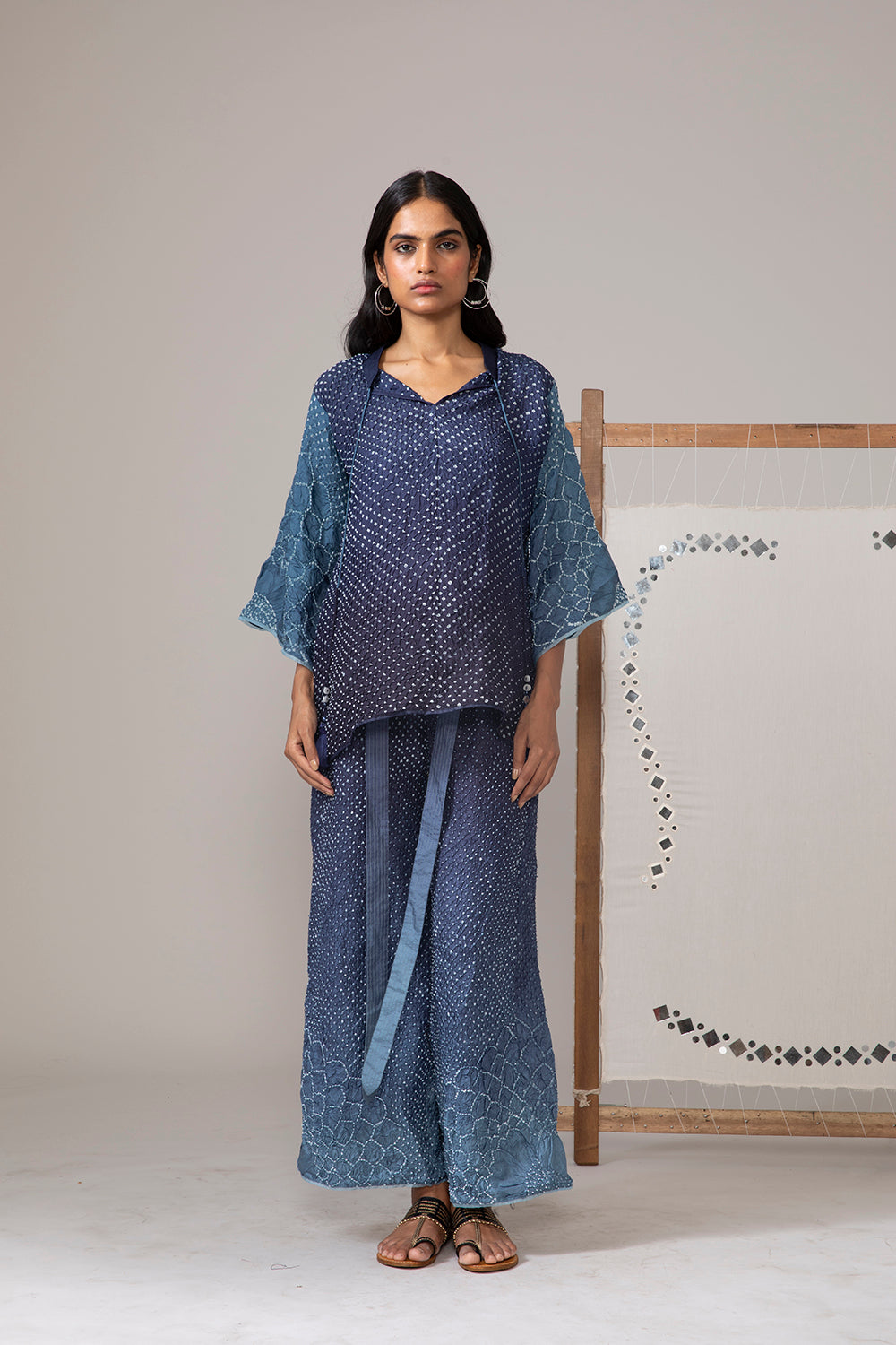 Blue Ombre Crushed Bandani Kurta Top with Sunflower Flared Sleeves