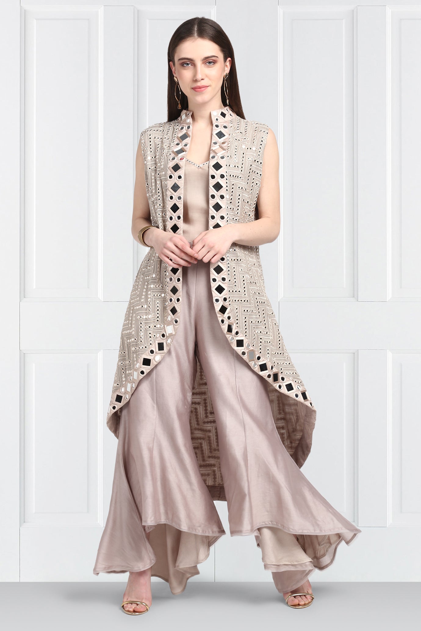Long Asymmetrical Taupe Jacket without Sleeves