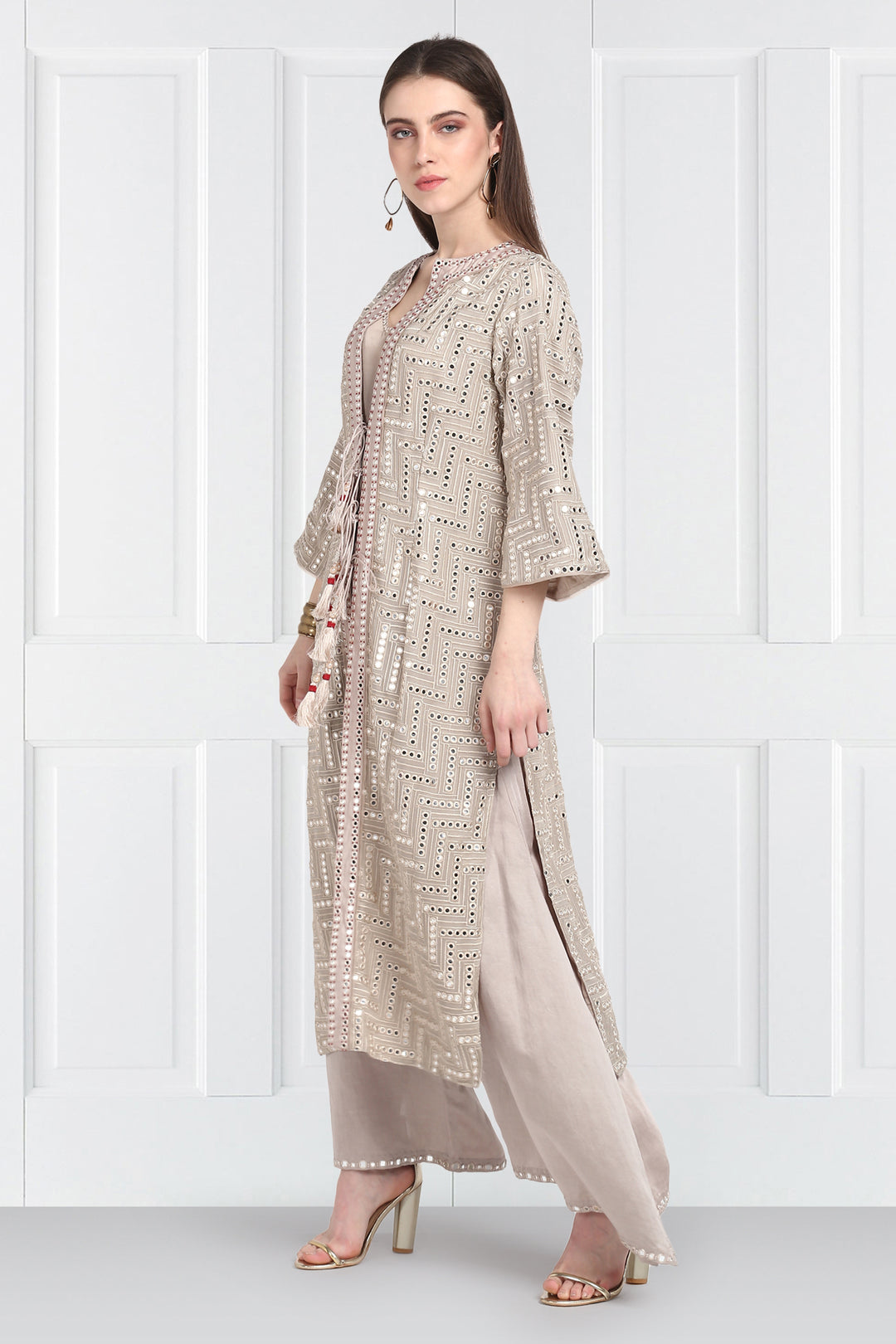 Long Taupe Mirrorwork Overlay Bell Sleeves Jacket with Tassels