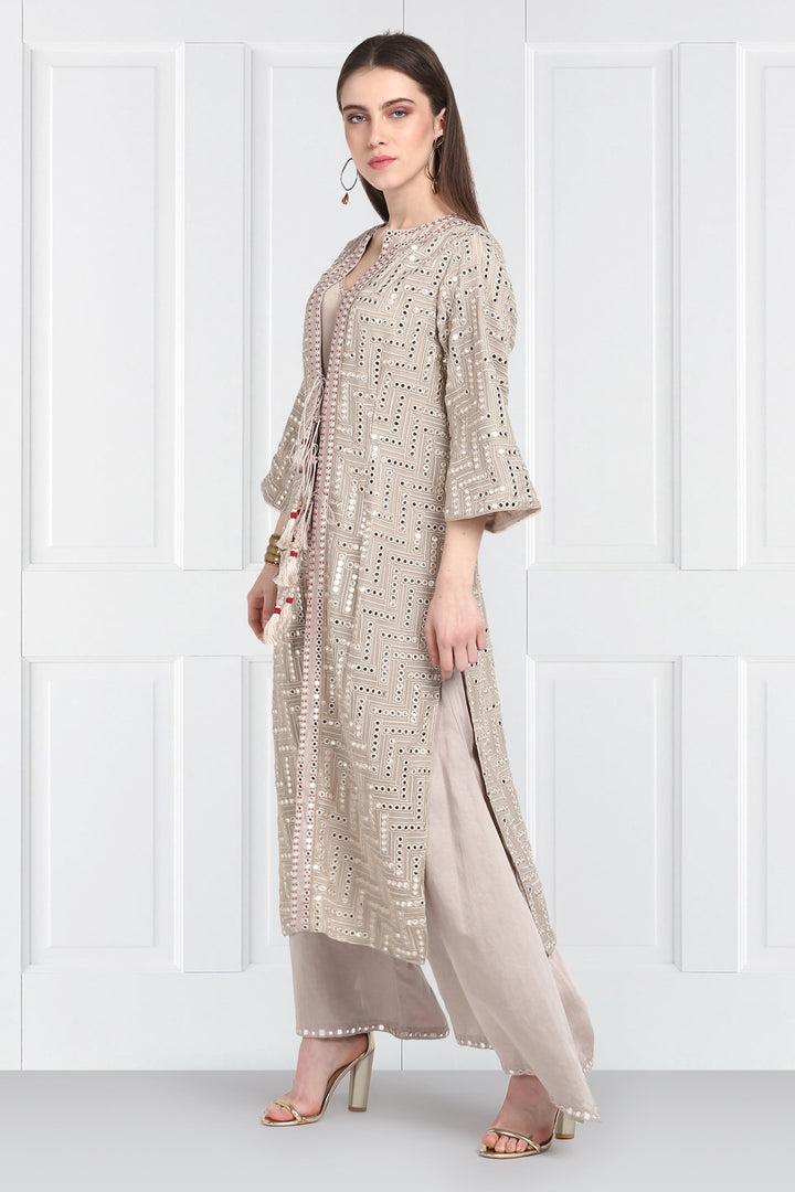 Long Taupe Mirrorwork Overlay Bell Sleeves Jacket with Tassels