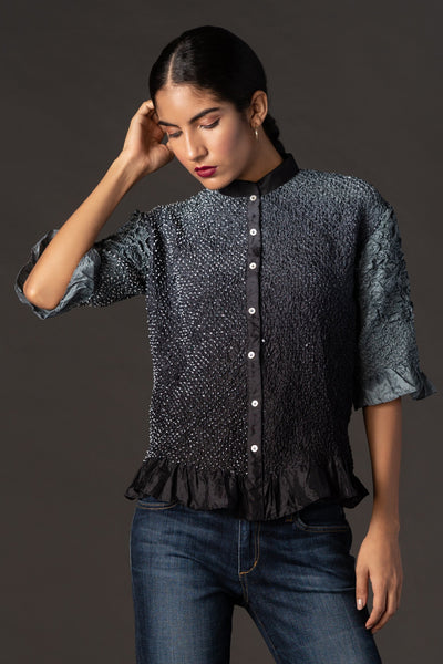 Black Ombre Crushed Bandhani Shirt with Collars