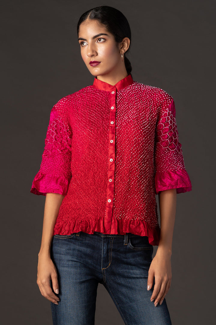 Red Ombre Crushed Bandhani Shirt with Collars