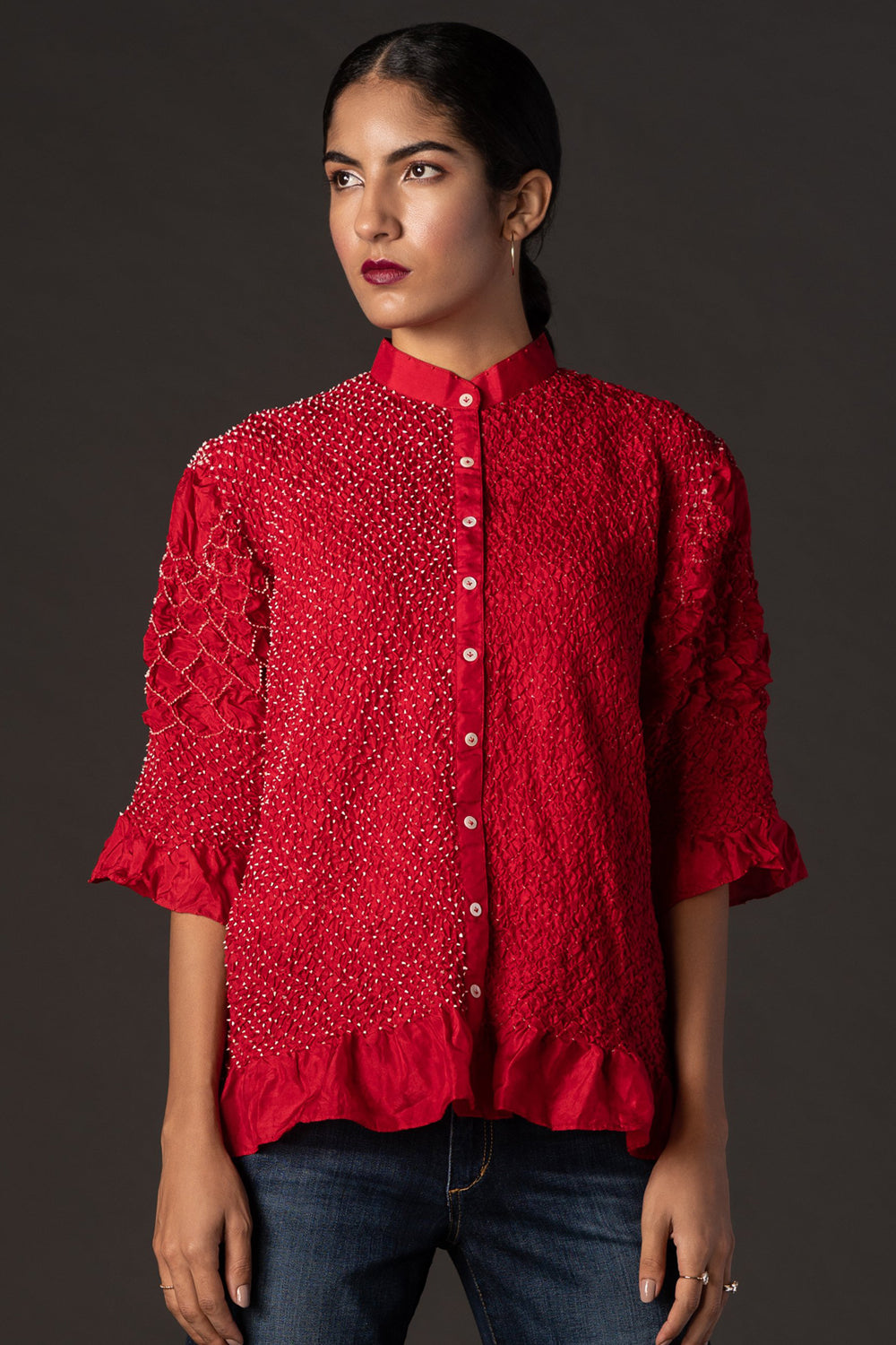 Red Crushed Bandhani Shirt with Collars