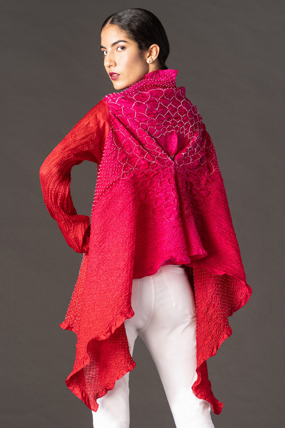 Pink Red Ombre Crushed Bandhani Asymmetrical Shirt