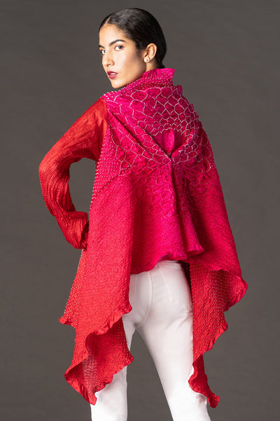 Pink Red Ombre Crushed Bandhani Asymmetrical Shirt