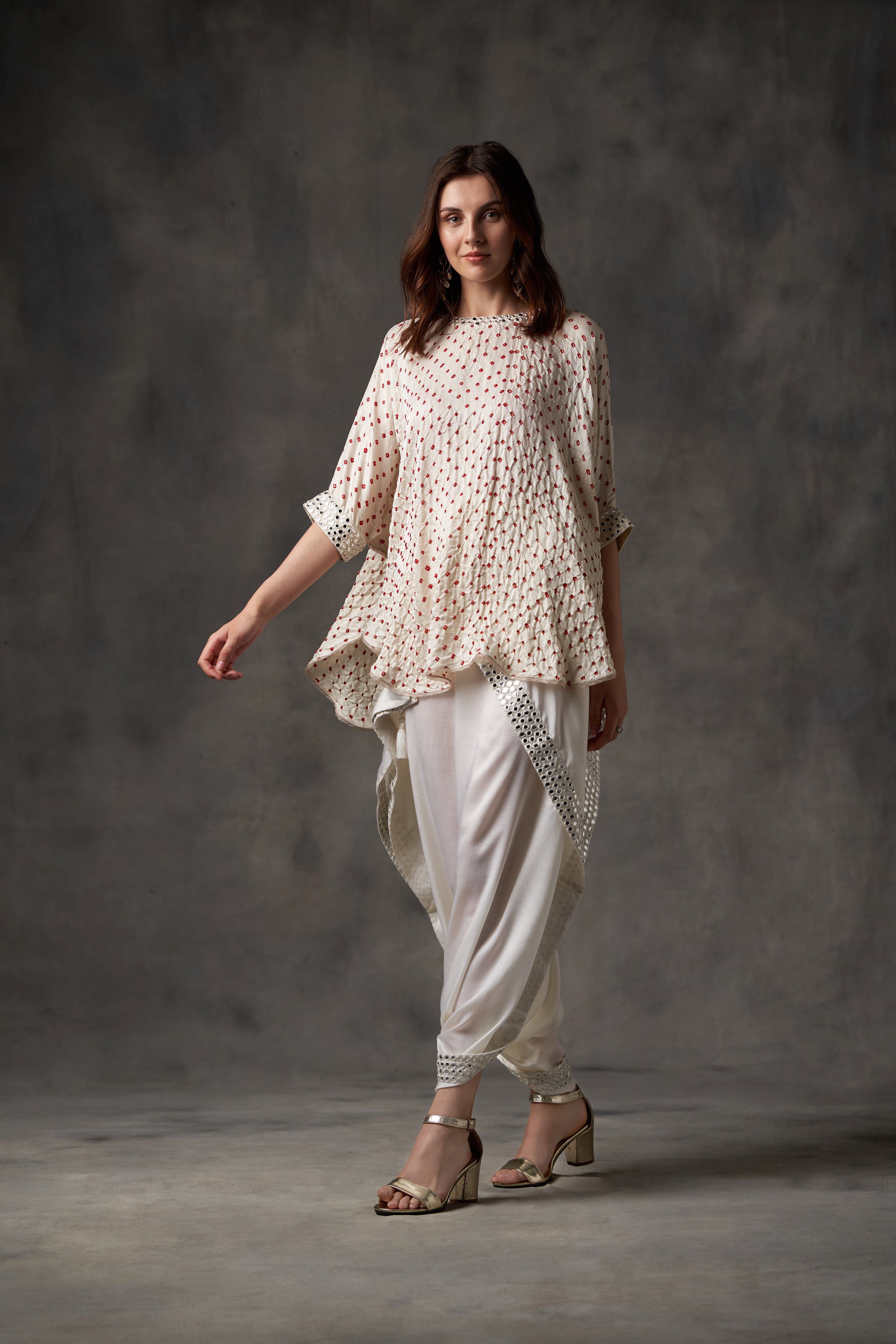 Snow White Draped Dhoti Pant Set with Hand-Embroidered Off-The-Shoulder Top  - Seasons India