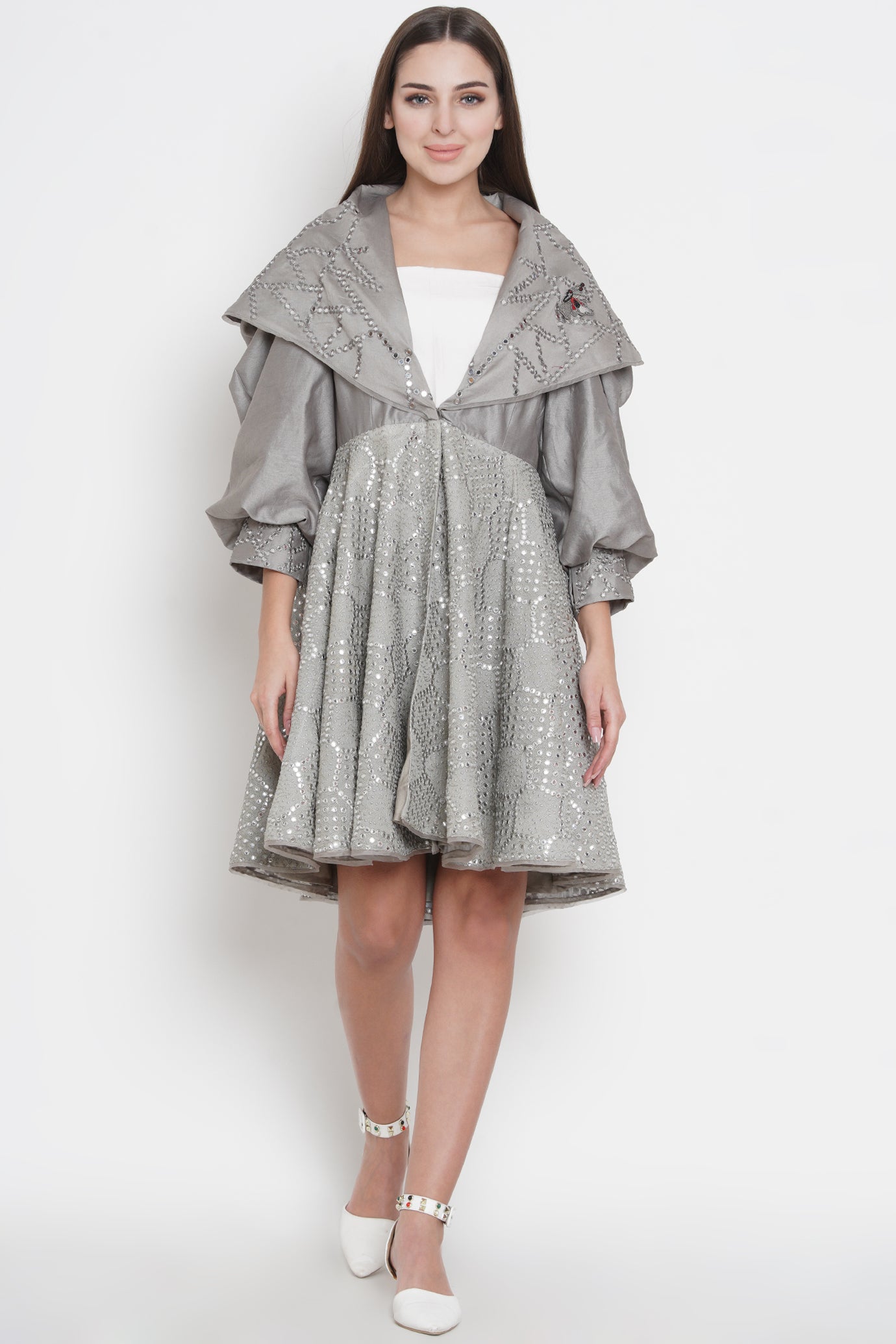 Grey Flap Collar Mirrorwork Jacket Dress