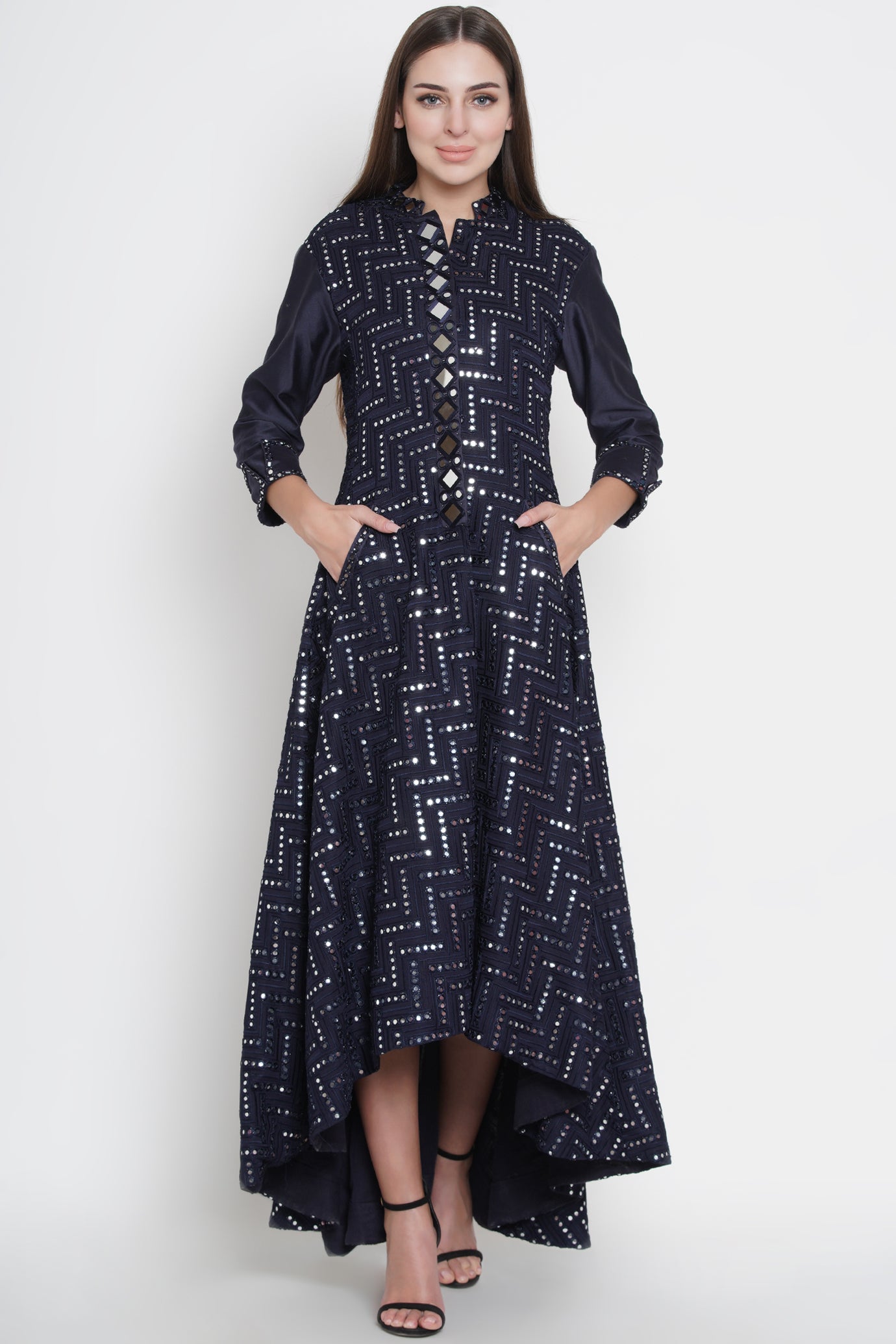 Indigo Mirrowork Long Asymmetric Sherwani Jacket Twenty Nine 29india