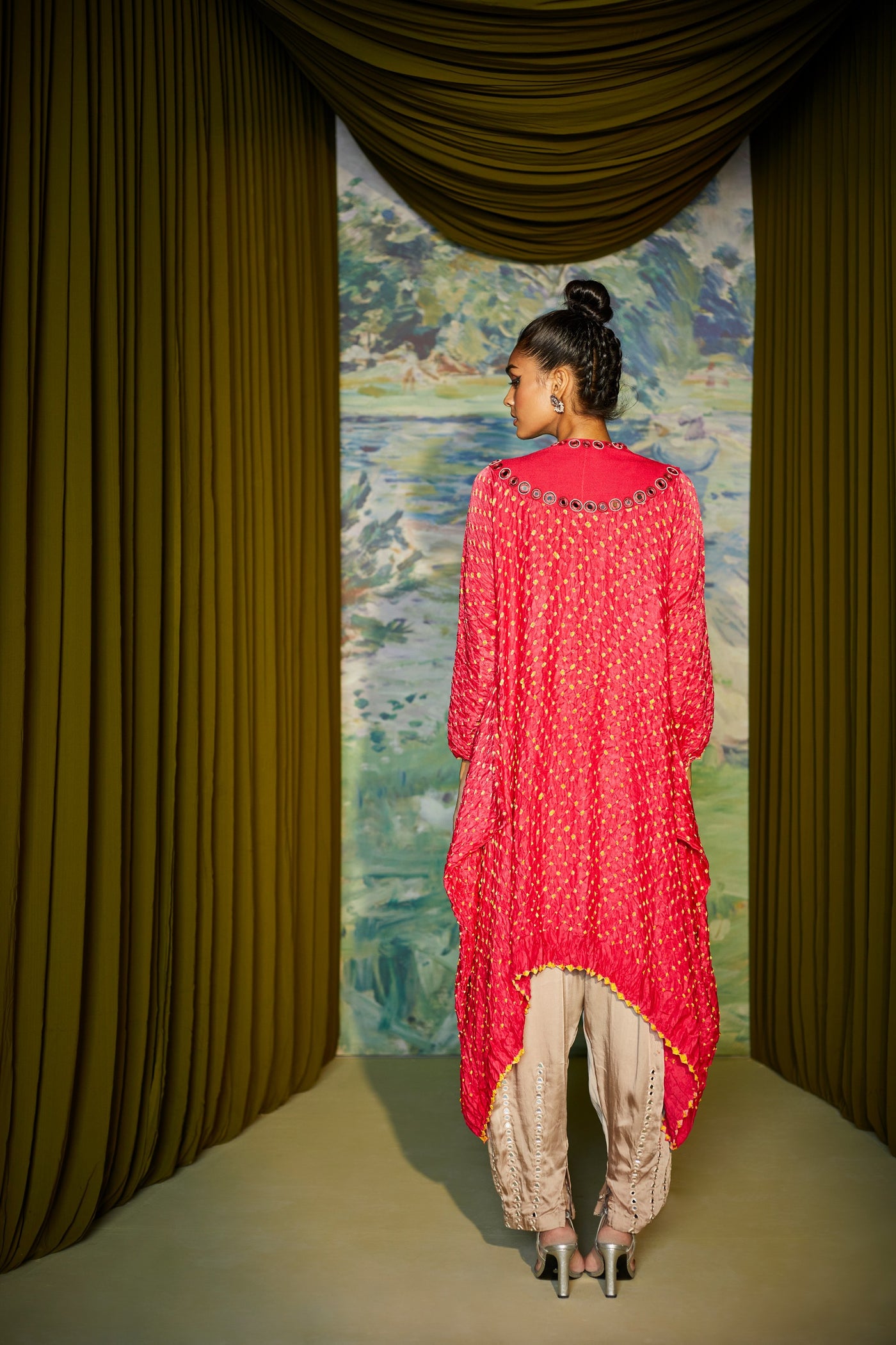 Rabari Asym Hi Neck Dress in Gajji Silk Bandhani With Dart Dhoti Pants