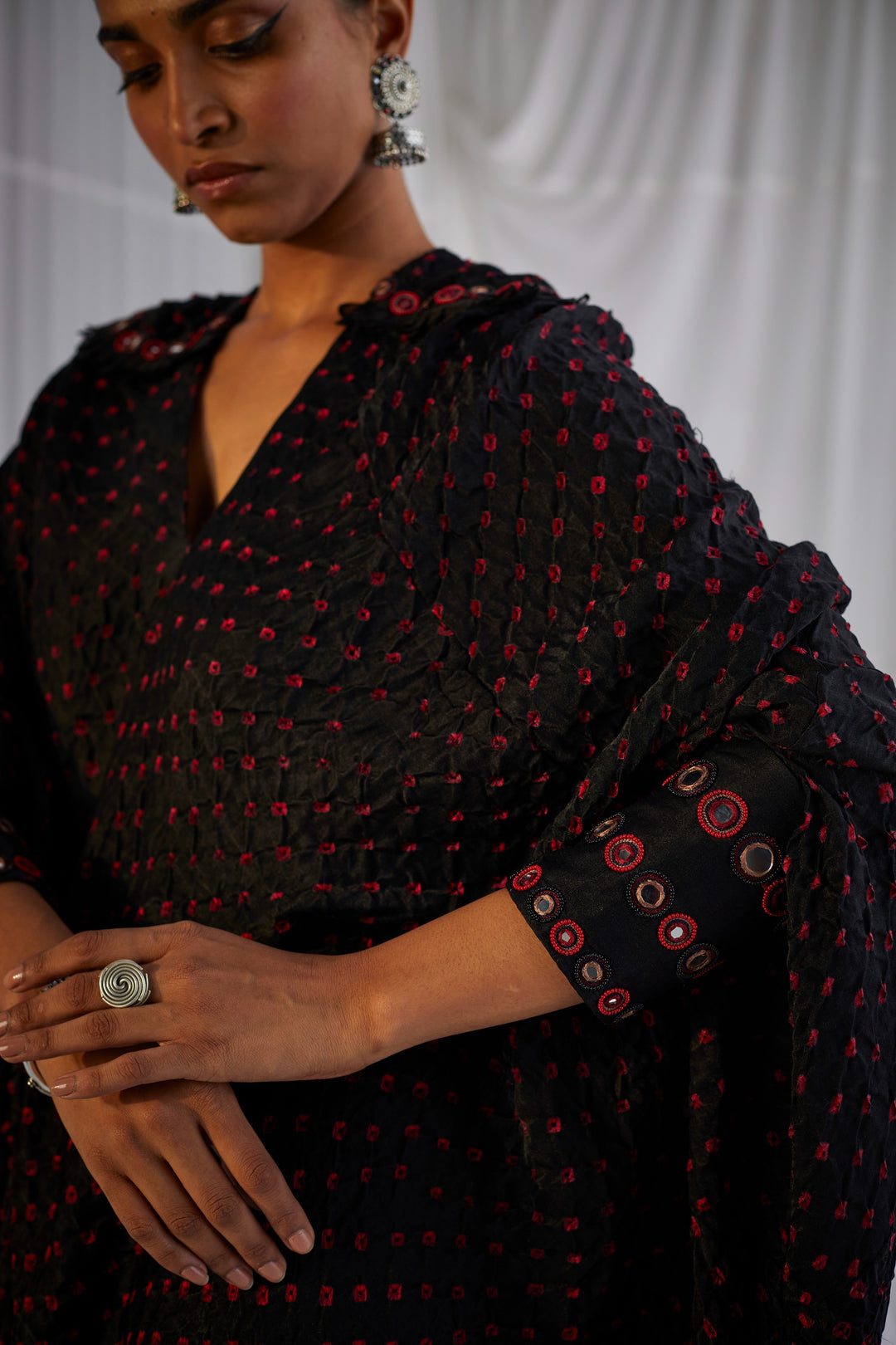 Rabari Power Shoulder Asym Dress in Gajji Silk Bandhani