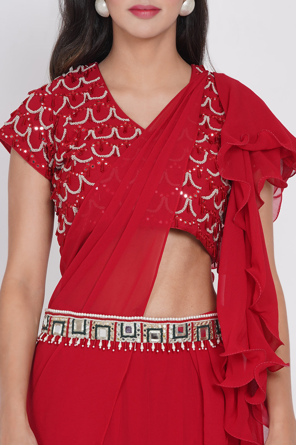 Lehanga Saree with Scallop Mirrorwork and beadwork blouse